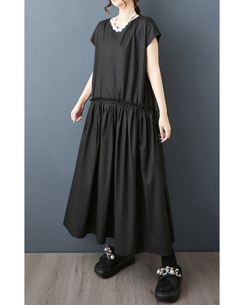 ellazhu Women's Drop Waist Maxi Dress Drawstring Ruched Waist Loose Short Sleeve Crewneck Plus Size Casual GZ925