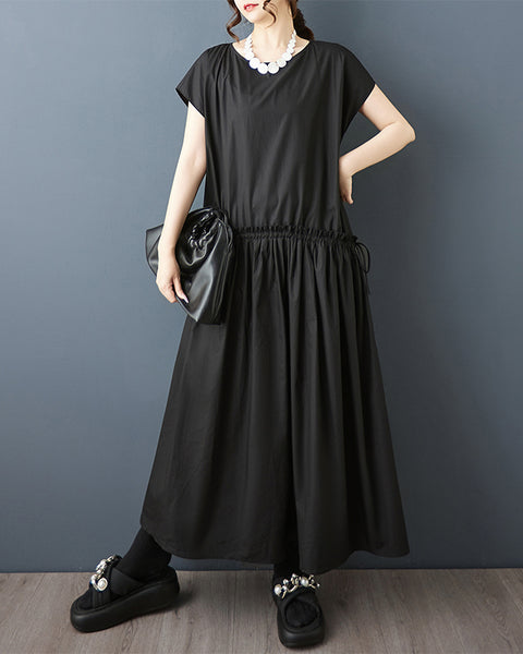 ellazhu Women's Drop Waist Maxi Dress Drawstring Ruched Waist Loose Short Sleeve Crewneck Plus Size Casual GZ925