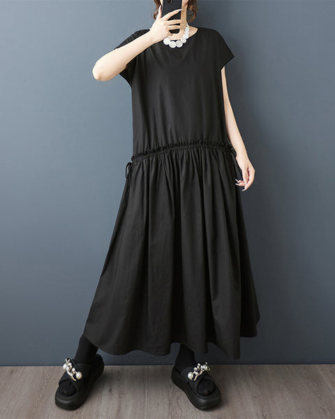 ellazhu Women's Drop Waist Maxi Dress Drawstring Ruched Waist Loose Short Sleeve Crewneck Plus Size Casual GZ925