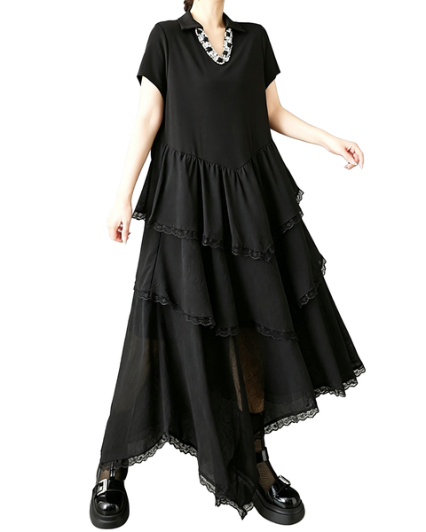 ellazhu Women's Beaded V Neck Chiffon Patchwork Maxi Dress Asymmetrical Layered Lace Trim Short Sleeve Loose Fit GZ926