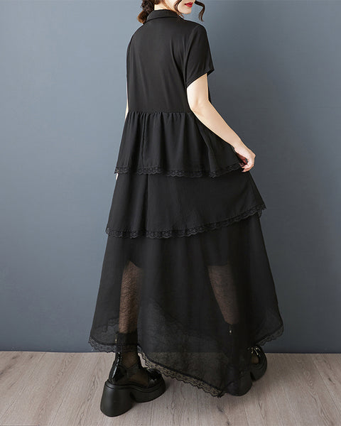 ellazhu Women's Beaded V Neck Chiffon Patchwork Maxi Dress Asymmetrical Layered Lace Trim Short Sleeve Loose Fit GZ926