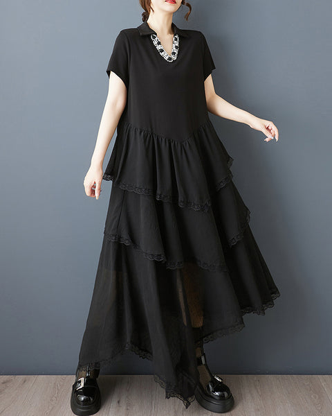ellazhu Women's Beaded V Neck Chiffon Patchwork Maxi Dress Asymmetrical Layered Lace Trim Short Sleeve Loose Fit GZ926