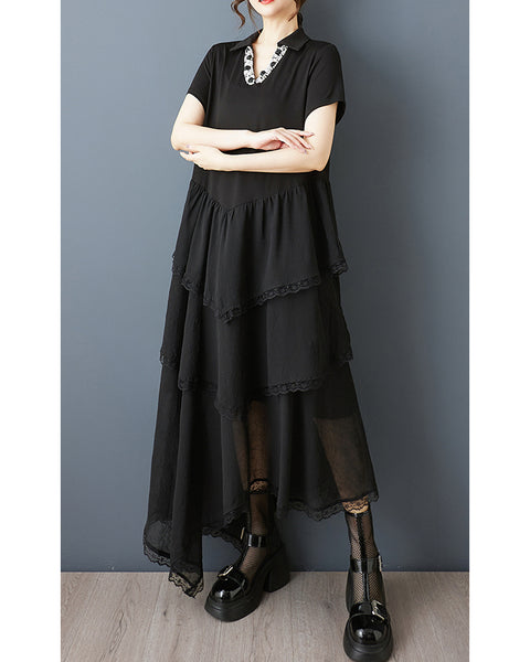 ellazhu Women's Beaded V Neck Chiffon Patchwork Maxi Dress Asymmetrical Layered Lace Trim Short Sleeve Loose Fit GZ926