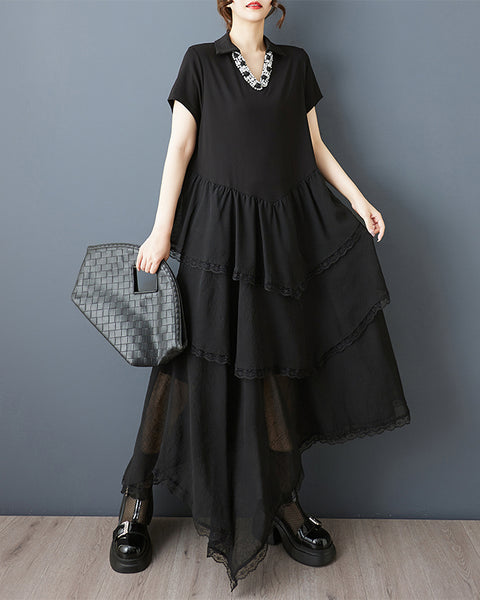 ellazhu Women's Beaded V Neck Chiffon Patchwork Maxi Dress Asymmetrical Layered Lace Trim Short Sleeve Loose Fit GZ926