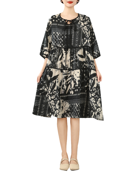 ellazhu Women's Printed Tie Neck Babydoll Dress Loose Short Sleeve Side Pocket A Line Tunic Dress Plus Size GZ927