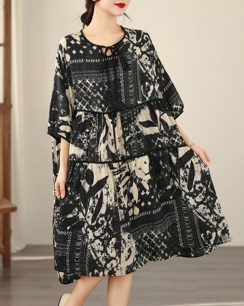 ellazhu Women's Printed Tie Neck Babydoll Dress Loose Short Sleeve Side Pocket A Line Tunic Dress Plus Size GZ927