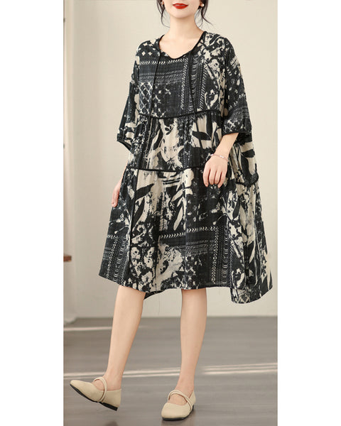 ellazhu Women's Printed Tie Neck Babydoll Dress Loose Short Sleeve Side Pocket A Line Tunic Dress Plus Size GZ927
