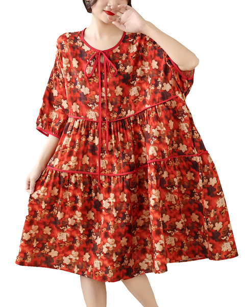 ellazhu Women's Floral Print Tie Neck Babydoll Dress Loose Short Sleeve Tiered A Line Side Pockets Plus Size GZ928