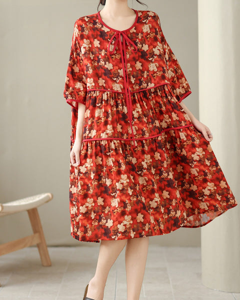 ellazhu Women's Floral Print Tie Neck Babydoll Dress Loose Short Sleeve Tiered A Line Side Pockets Plus Size GZ928