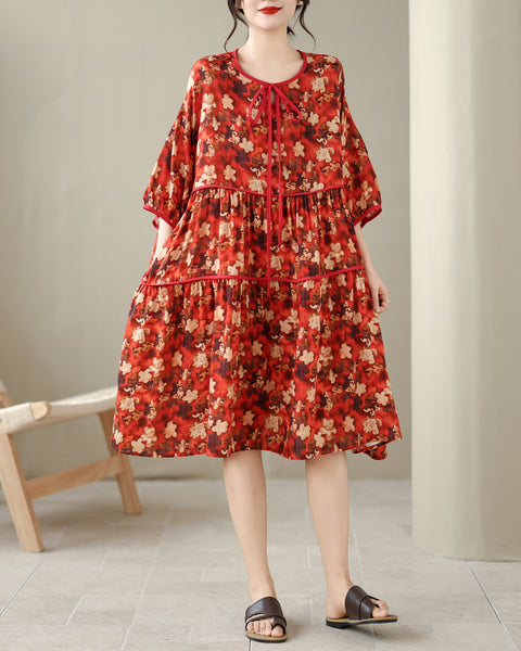 ellazhu Women's Floral Print Tie Neck Babydoll Dress Loose Short Sleeve Tiered A Line Side Pockets Plus Size GZ928