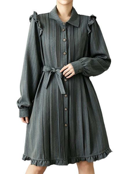 ellazhu Women's Oversized Striped Ruffle Collared Midi Shirt Dress GZ929