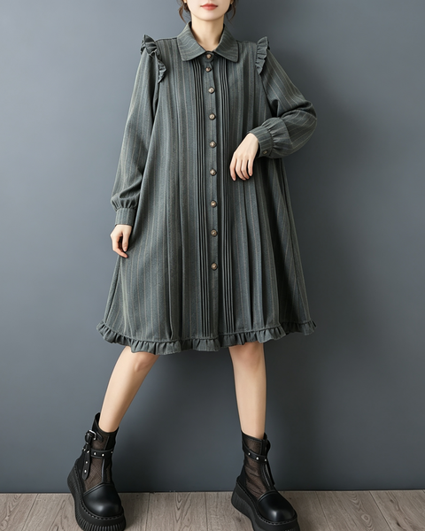 ellazhu Women's Oversized Striped Ruffle Collared Midi Shirt Dress GZ929