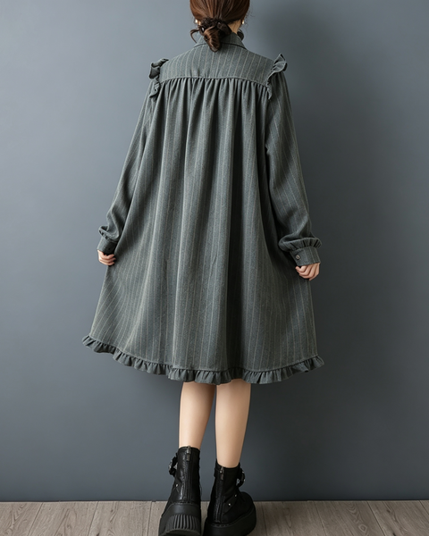 ellazhu Women's Oversized Striped Ruffle Collared Midi Shirt Dress GZ929