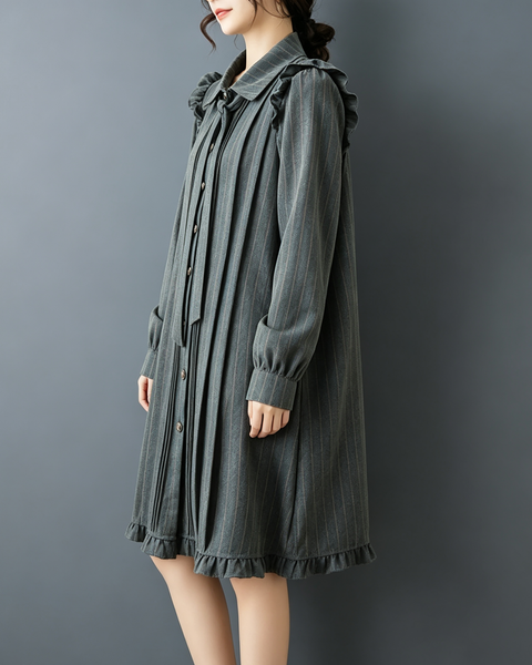 ellazhu Women's Oversized Striped Ruffle Collared Midi Shirt Dress GZ929