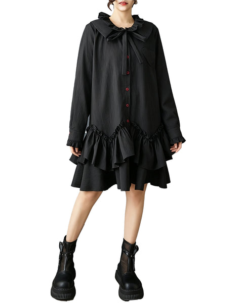 ellazhu Women's Oversized Ruffle Collar Bow Tie Button Shirt Dress GZ930