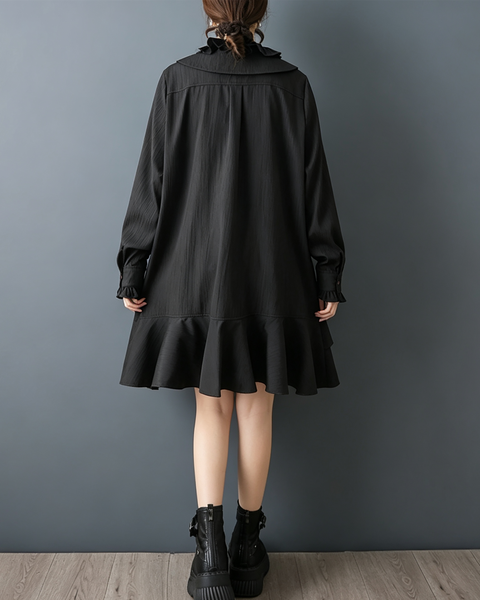 ellazhu Women's Oversized Ruffle Collar Bow Tie Button Shirt Dress GZ930