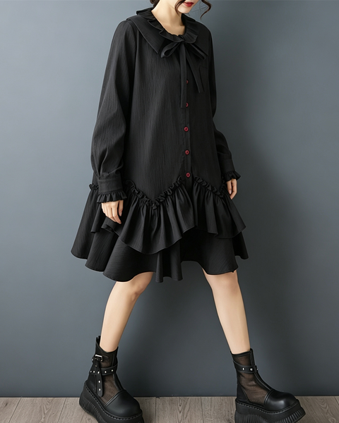 ellazhu Women's Oversized Ruffle Collar Bow Tie Button Shirt Dress GZ930