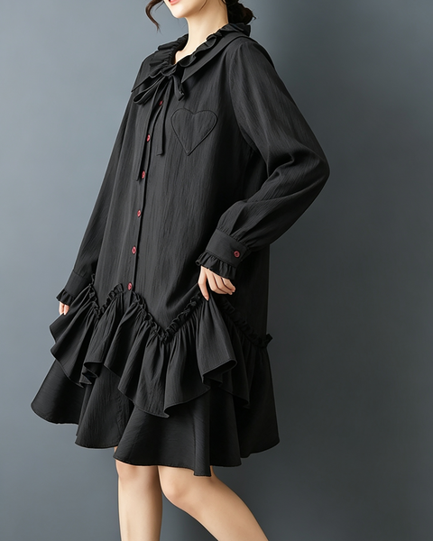 ellazhu Women's Oversized Ruffle Collar Bow Tie Button Shirt Dress GZ930