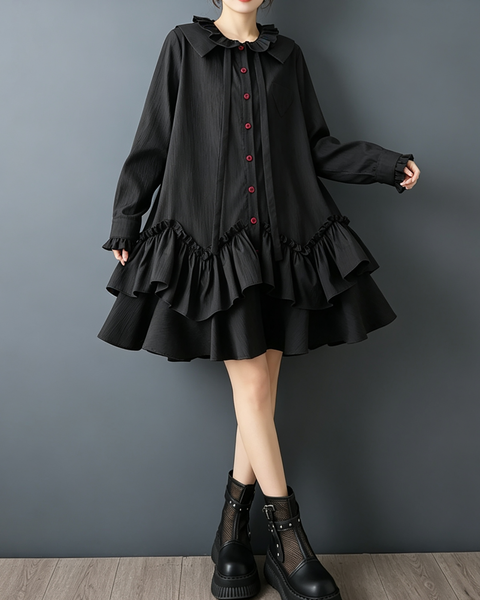 ellazhu Women's Oversized Ruffle Collar Bow Tie Button Shirt Dress GZ930