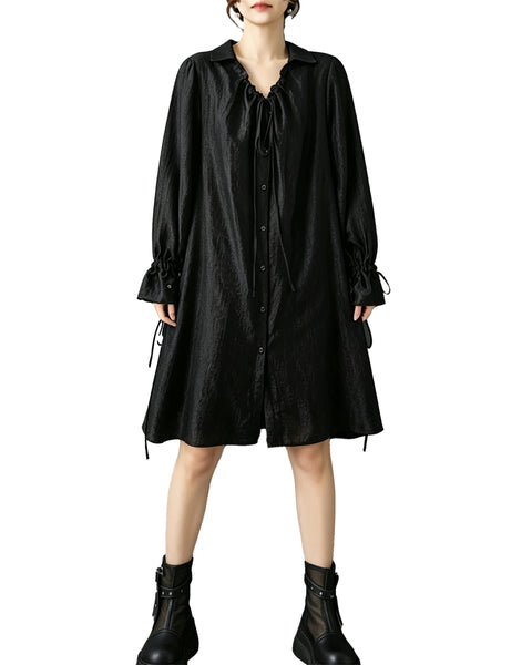 ellazhu Women's Oversized V Neck Tie Front Shirt Dress Ruffle Cuff GZ931