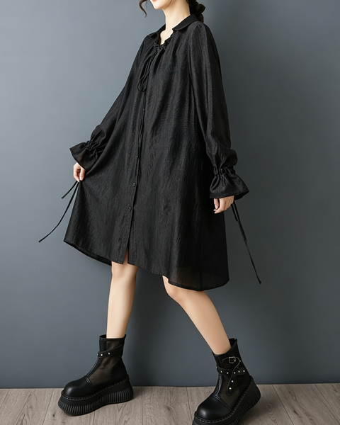 ellazhu Women's Oversized V Neck Tie Front Shirt Dress Ruffle Cuff GZ931