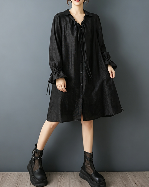 ellazhu Women's Oversized V Neck Tie Front Shirt Dress Ruffle Cuff GZ931