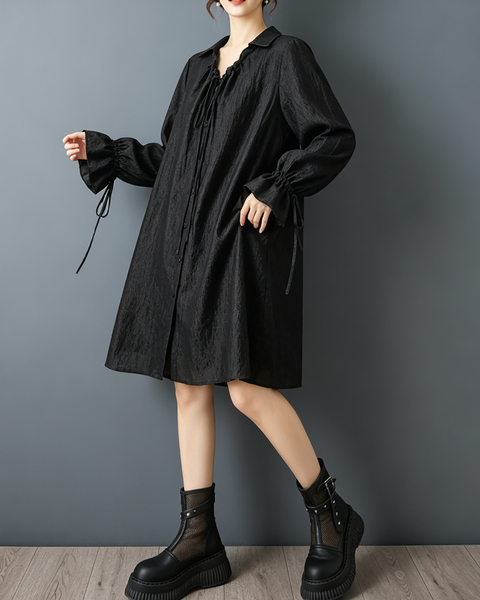 ellazhu Women's Oversized V Neck Tie Front Shirt Dress Ruffle Cuff GZ931