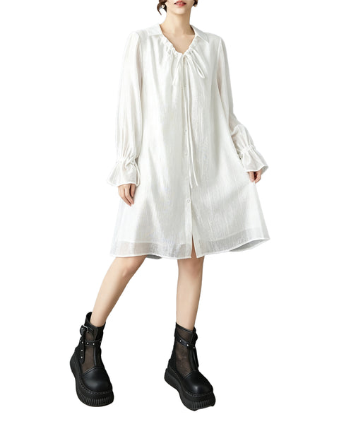 ellazhu Women's Oversized V Neck Tie Front Shirt Dress Ruffle Cuff GZ931