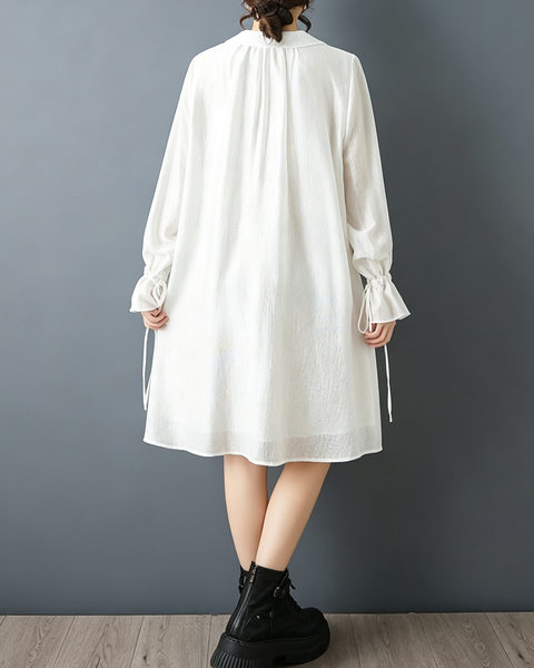 ellazhu Women's Oversized V Neck Tie Front Shirt Dress Ruffle Cuff GZ931