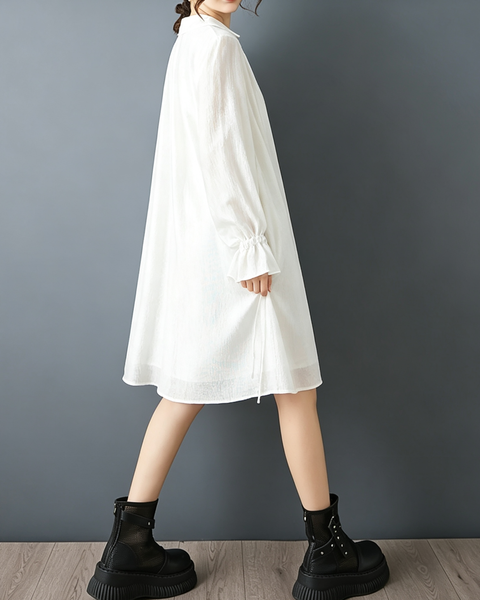 ellazhu Women's Oversized V Neck Tie Front Shirt Dress Ruffle Cuff GZ931
