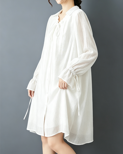 ellazhu Women's Oversized V Neck Tie Front Shirt Dress Ruffle Cuff GZ931