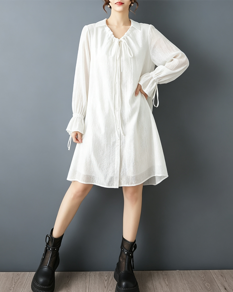 ellazhu Women's Oversized V Neck Tie Front Shirt Dress Ruffle Cuff GZ931