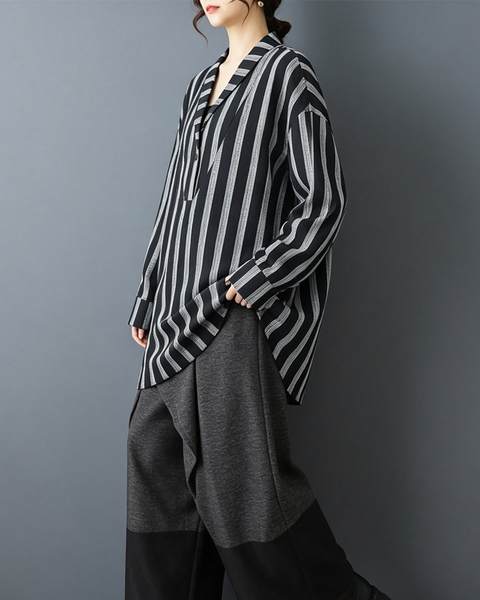 ellazhu Women's Oversized Striped V Neck Long Sleeve Tunic Blouses GZ932