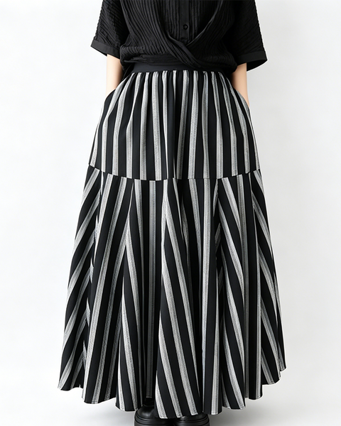 ellazhu Women's Striped Maxi Skirt High Waist Tiered A Line Irregular Patchwork Side Pockets Plus Size GZ933