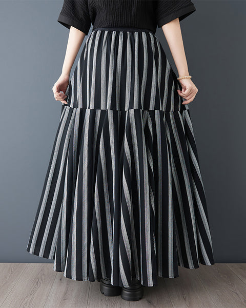ellazhu Women's Striped Maxi Skirt High Waist Tiered A Line Irregular Patchwork Side Pockets Plus Size GZ933