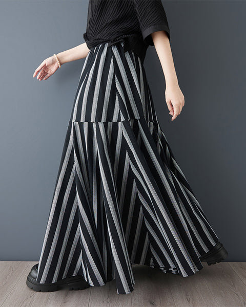 ellazhu Women's Striped Maxi Skirt High Waist Tiered A Line Irregular Patchwork Side Pockets Plus Size GZ933