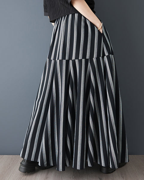 ellazhu Women's Striped Maxi Skirt High Waist Tiered A Line Irregular Patchwork Side Pockets Plus Size GZ933