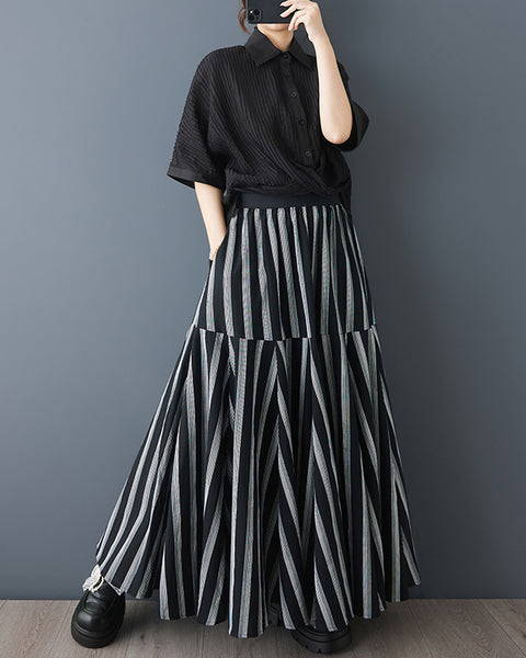 ellazhu Women's Striped Maxi Skirt High Waist Tiered A Line Irregular Patchwork Side Pockets Plus Size GZ933