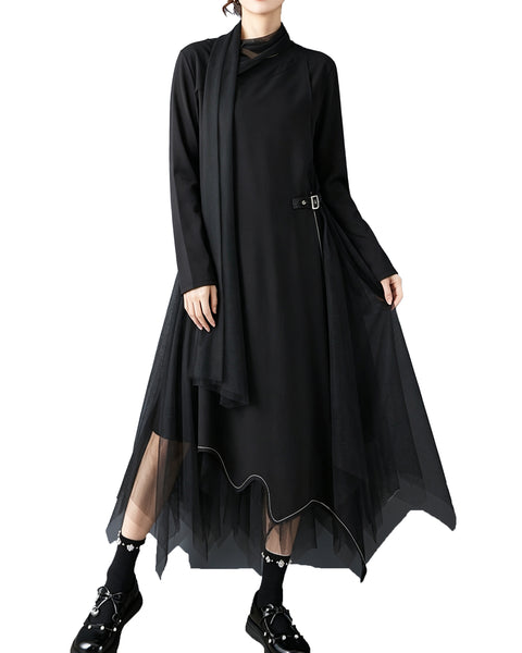 ellazhu Women's Asymmetric Mesh Tulle Maxi Dress Long Sleeve Scarf GZ934