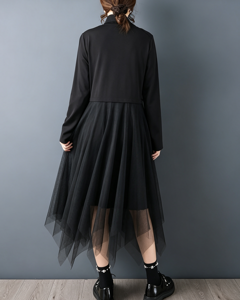 ellazhu Women's Asymmetric Mesh Tulle Maxi Dress Long Sleeve Scarf GZ934