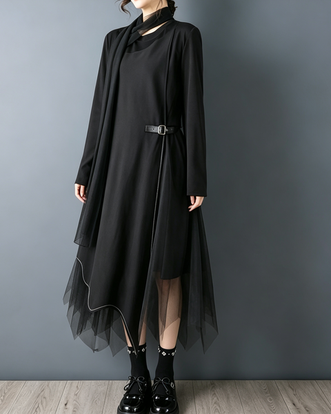 ellazhu Women's Asymmetric Mesh Tulle Maxi Dress Long Sleeve Scarf GZ934