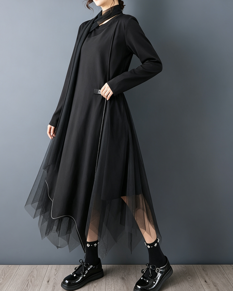 ellazhu Women's Asymmetric Mesh Tulle Maxi Dress Long Sleeve Scarf GZ934