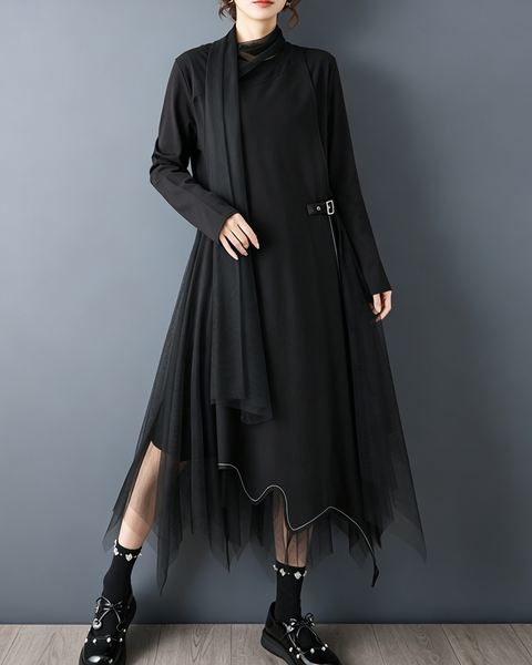 ellazhu Women's Asymmetric Mesh Tulle Maxi Dress Long Sleeve Scarf GZ934