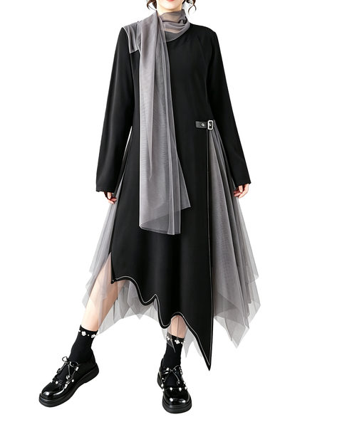 ellazhu Women's Asymmetric Mesh Tulle Maxi Dress Long Sleeve Scarf GZ934