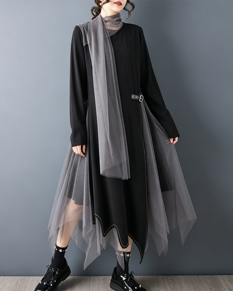 ellazhu Women's Asymmetric Mesh Tulle Maxi Dress Long Sleeve Scarf GZ934