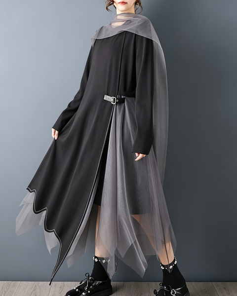 ellazhu Women's Asymmetric Mesh Tulle Maxi Dress Long Sleeve Scarf GZ934