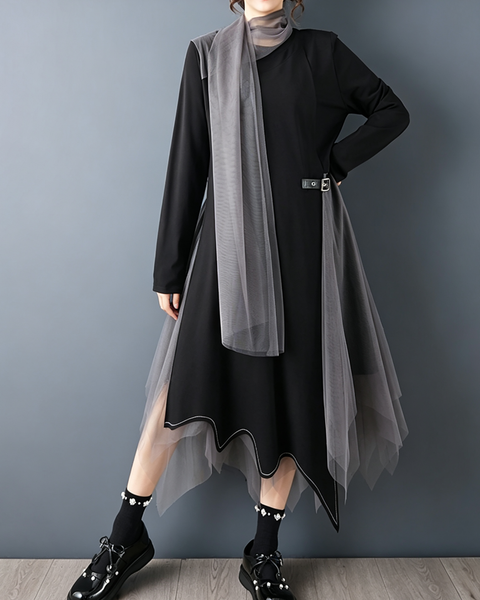 ellazhu Women's Asymmetric Mesh Tulle Maxi Dress Long Sleeve Scarf GZ934