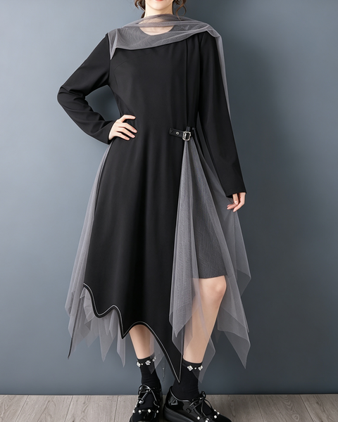 ellazhu Women's Asymmetric Mesh Tulle Maxi Dress Long Sleeve Scarf GZ934