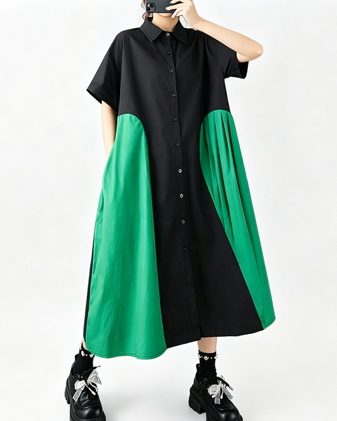 ellazhu Women's Patchwork Shirt Dress Lapel Neck Loose Short Sleeve Button Down Side Pockets A Line Midi Plus Size GZ935