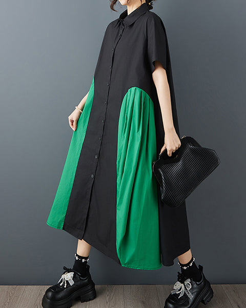 ellazhu Women's Patchwork Shirt Dress Lapel Neck Loose Short Sleeve Button Down Side Pockets A Line Midi Plus Size GZ935